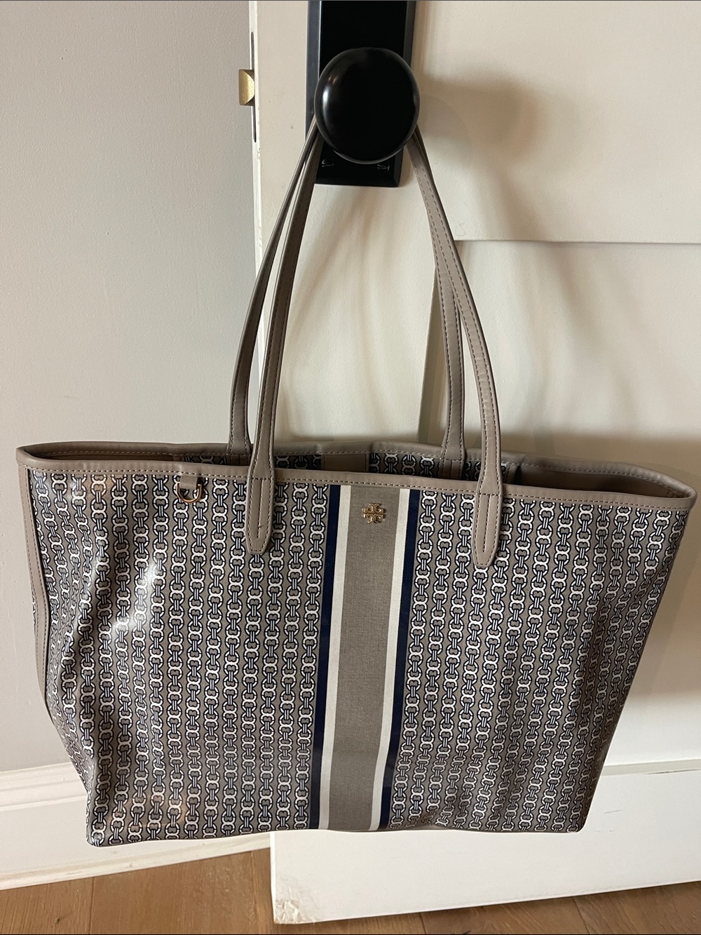 Tory Burch Navy and Gray Logo Stripe Tote with Center Stripe